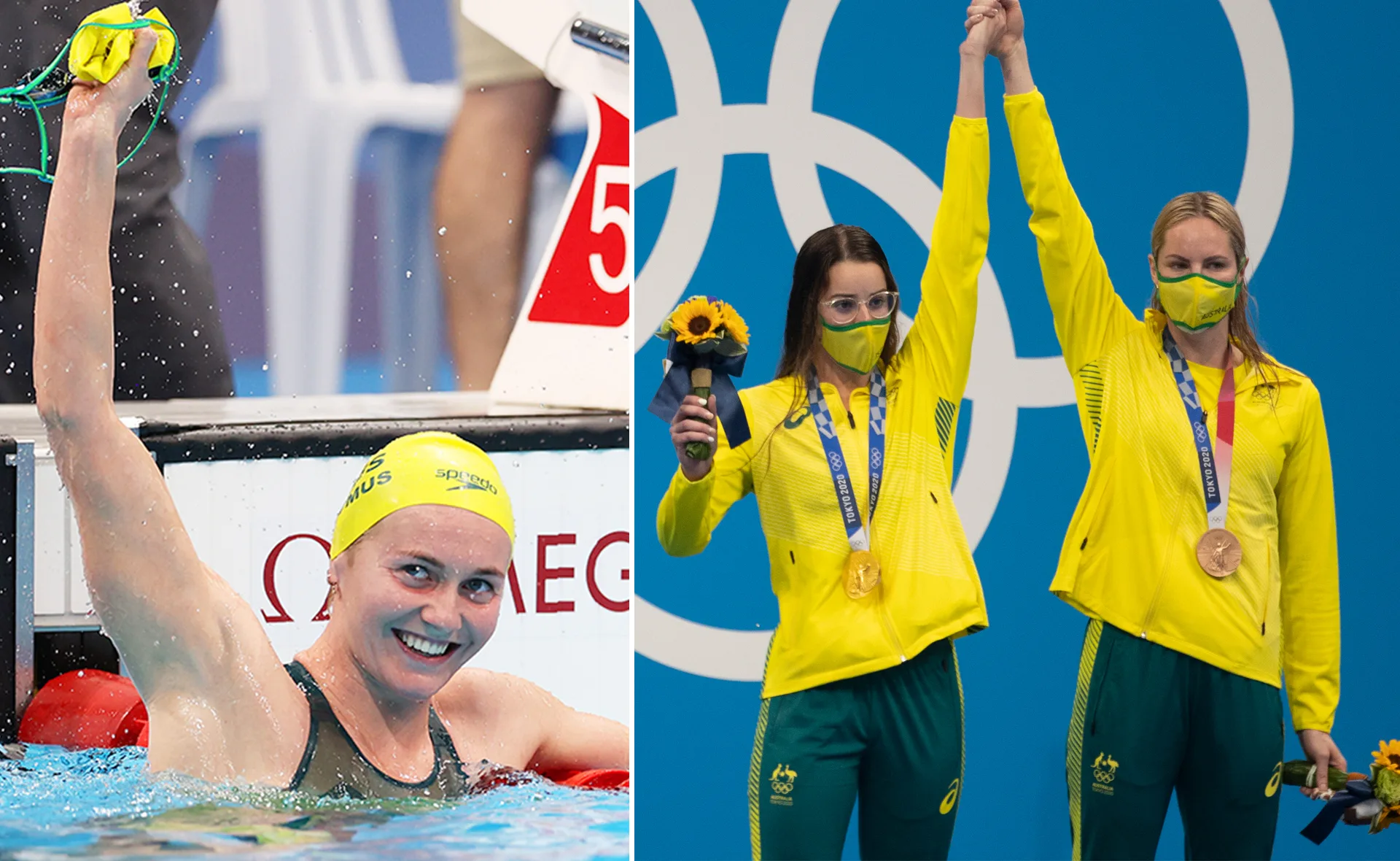 Australian swimmers celebrating Olympic medals, one in pool, two on podium with medals and flowers, wearing yellow-green attire.