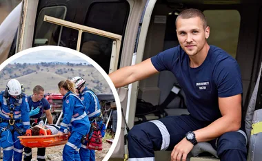 "Harley Bonner as Dr. Logan Bennett in 'Home and Away,' sitting in helicopter, and aiding rescue scene on the field."