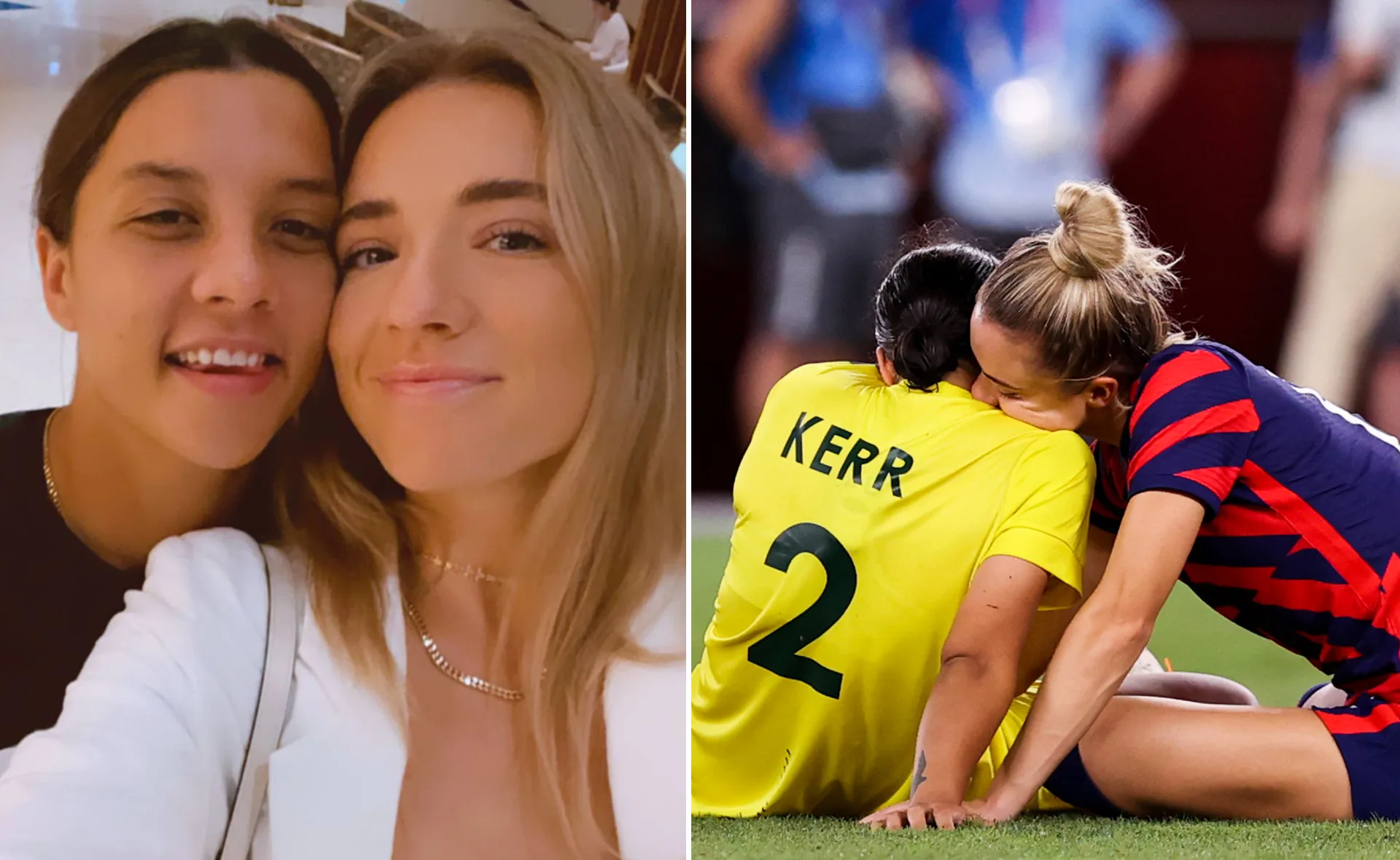 Sam Kerr and Kristie Mewis in a selfie and sharing a moment on the field, wearing their respective team jerseys.
