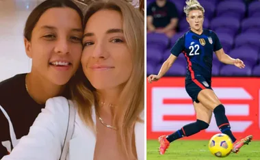 "Two individuals smiling together; a soccer player in action on the right."