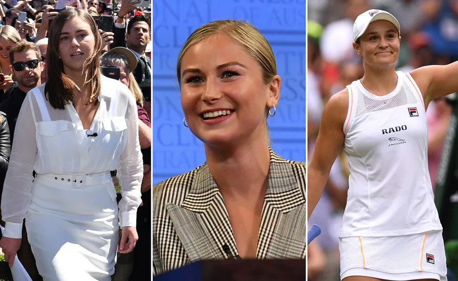 Three women in different settings: one in a white dress, one smiling at a podium, and another in tennis attire holding a racket.