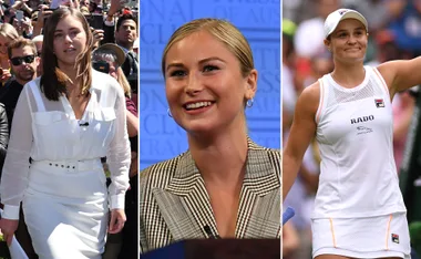Three women in different settings: one in a white dress, one smiling at a podium, and another in tennis attire holding a racket.