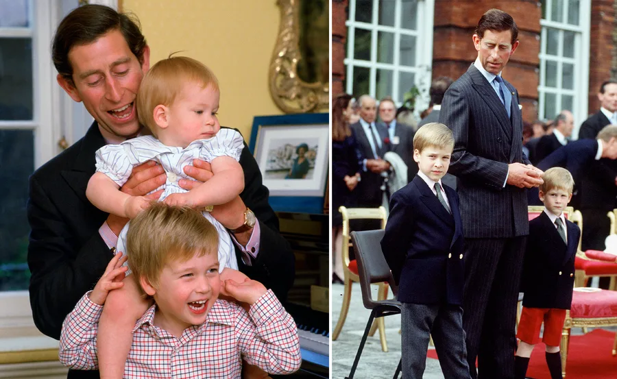 A man laughing with two children on his shoulders; another stands with two young boys in formal attire outside.