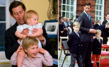 A man laughing with two children on his shoulders; another stands with two young boys in formal attire outside.