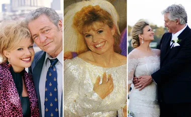 Three images of a woman in different wedding dresses with a man in formal attire, smiling and embracing.