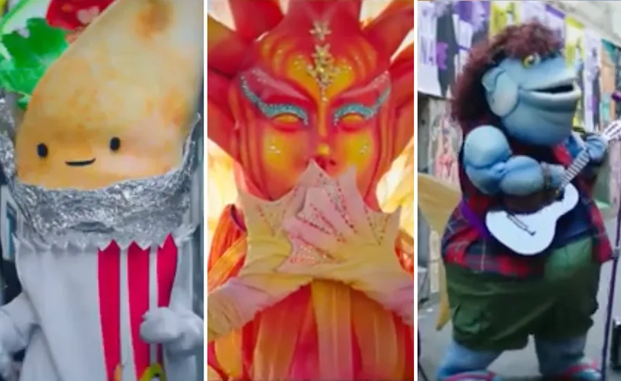 Three colorful Masked Singer Australia costumes: a burrito, a sunburst character, and a blue creature with a guitar.