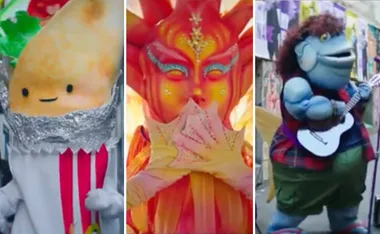 Three colorful Masked Singer Australia costumes: a burrito, a sunburst character, and a blue creature with a guitar.