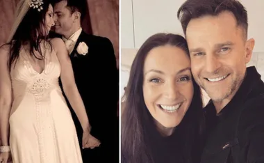Wedding and recent couple photo montage: a bride and groom holding hands, paired with a smiling selfie of the same couple.