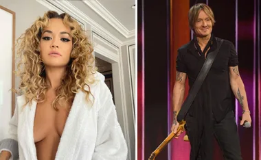 Rita Ora in a white robe and curly hair; Keith Urban holding a guitar on stage.