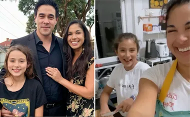 Family photo on the left; woman and girl cooking, smiling in a kitchen on the right.