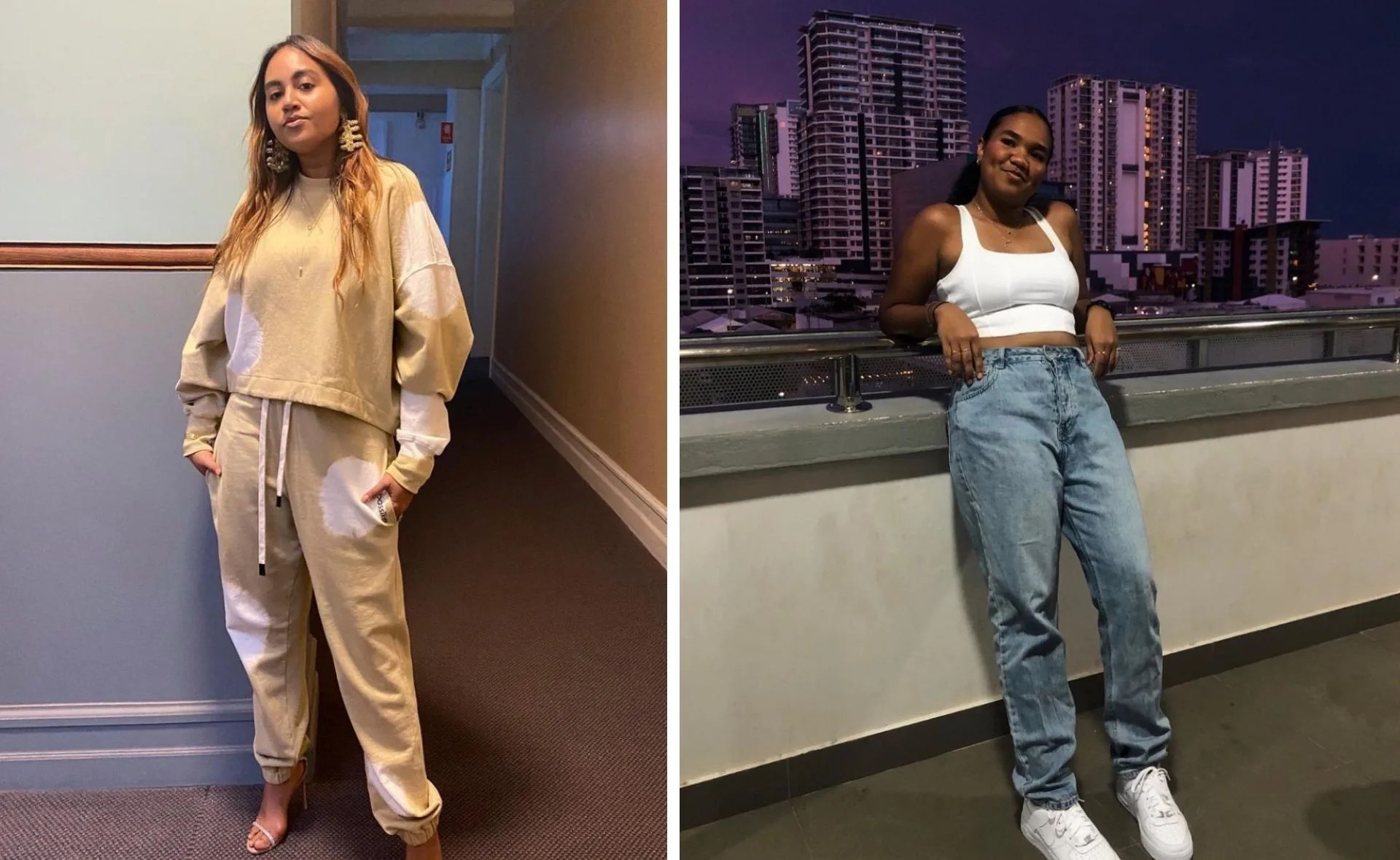 Split image: Left, person in beige sweatsuit indoors; Right, person in white top and jeans on balcony with city skyline at dusk.