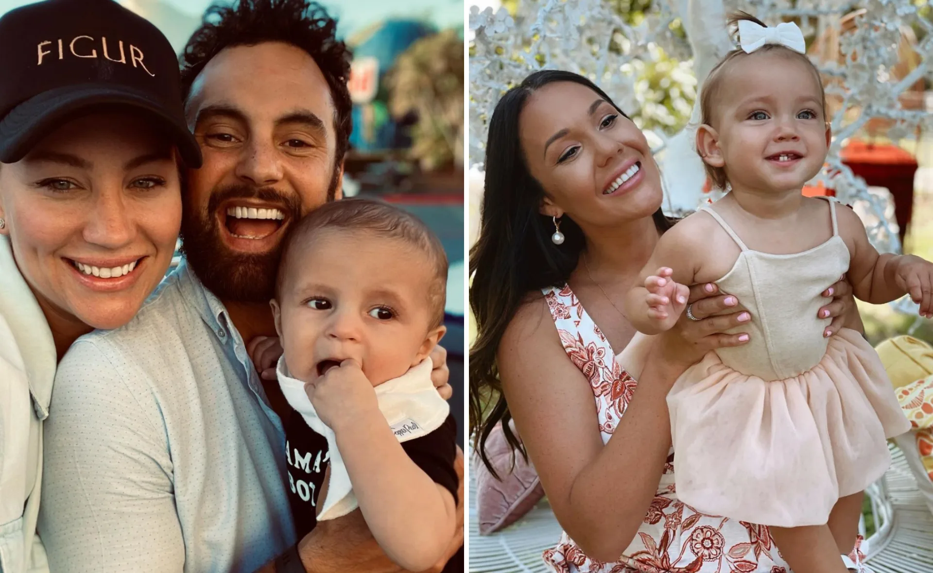 Families smiling: Left shows a man, woman, and baby; right has a woman holding a toddler in a dress.