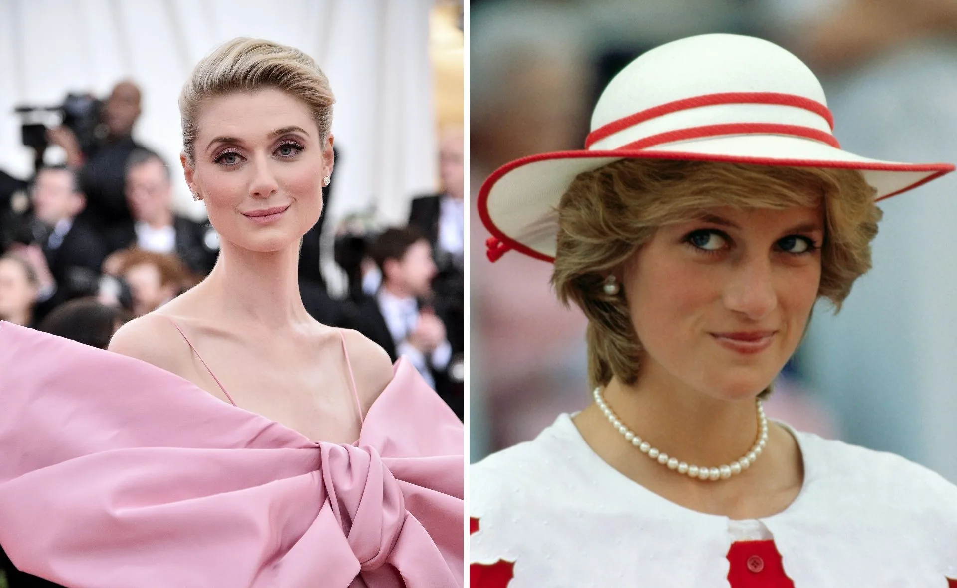 Elizabeth Debicki in a pink gown and Princess Diana in a white hat with red trim, side-by-side portraits.