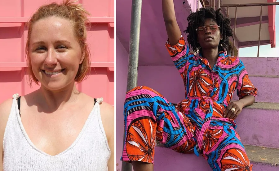Two women in front of pink backgrounds; one smiling in a white top, the other sitting in a colorful outfit.