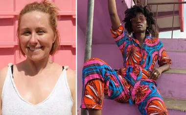 Two women in front of pink backgrounds; one smiling in a white top, the other sitting in a colorful outfit.