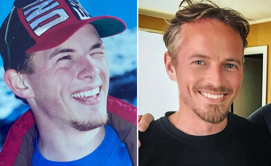 Two side-by-side photos of a smiling man, one wearing a cap, the other in a black shirt indoors.