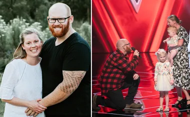 Man proposing on stage with microphone; woman and two kids present, red stage background. Outdoor couple photo on left.