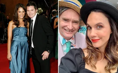 Couple at an event, left: woman in blue dress, man in suit; right: selfie with hats, woman in black dress.