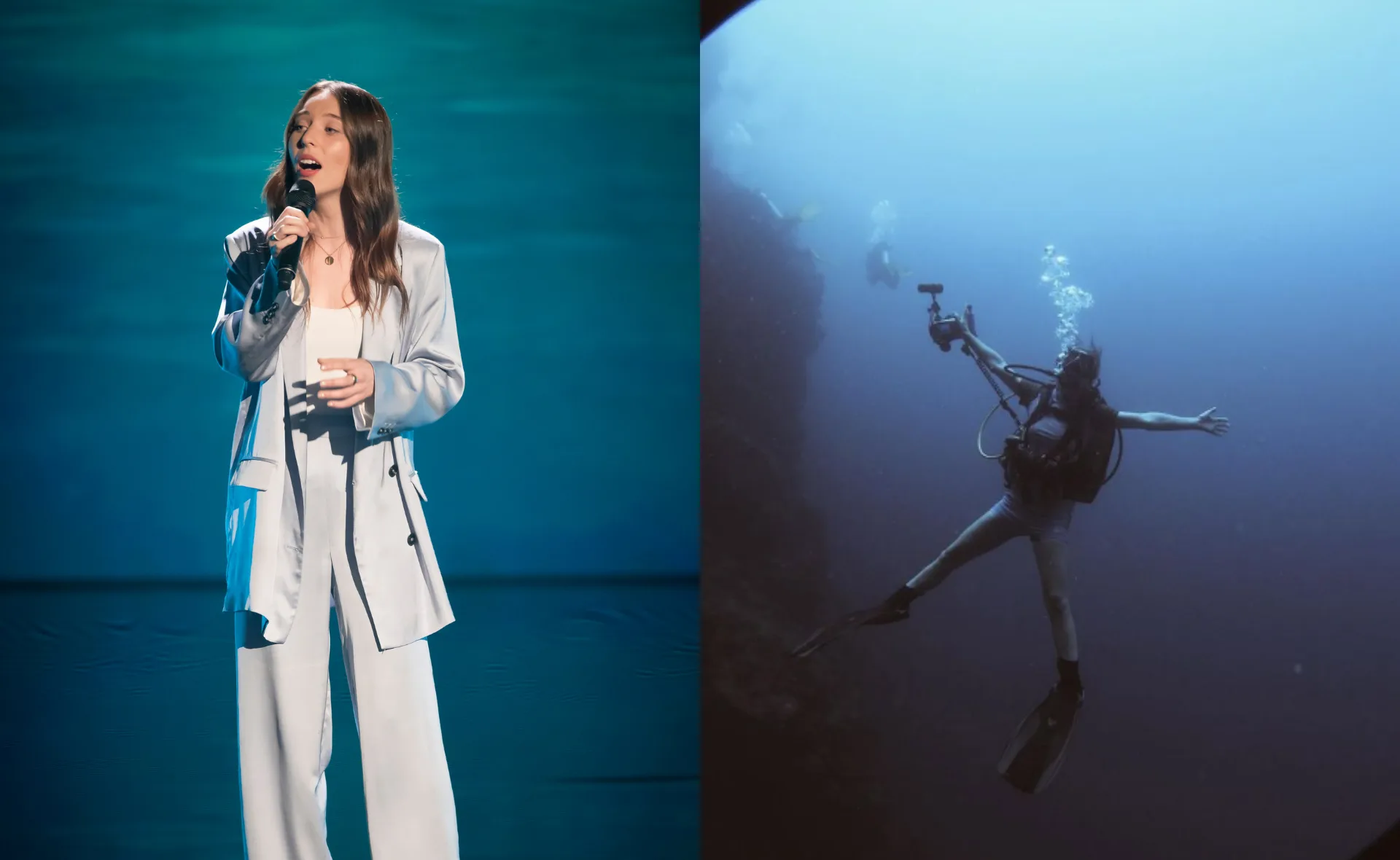 Singer performs on stage; diver holds camera underwater in separate split-screen image.
