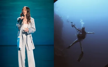 Singer performs on stage; diver holds camera underwater in separate split-screen image.