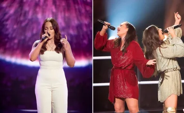 Singer performs solo in white outfit; two women sing energetically in red and gold dresses.
