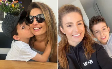 Smiling woman with long hair and sunglasses, hugged by a boy; second photo shows them both smiling indoors.