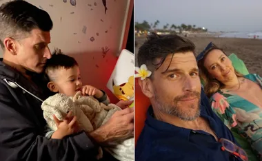 "Man reading to child with stuffed toy; couple relaxing on beach, man with flower in hair."