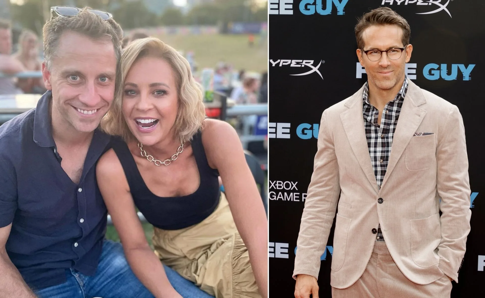 Smiling pair seated outdoors; man in light suit at "Free Guy" premiere with backdrop.