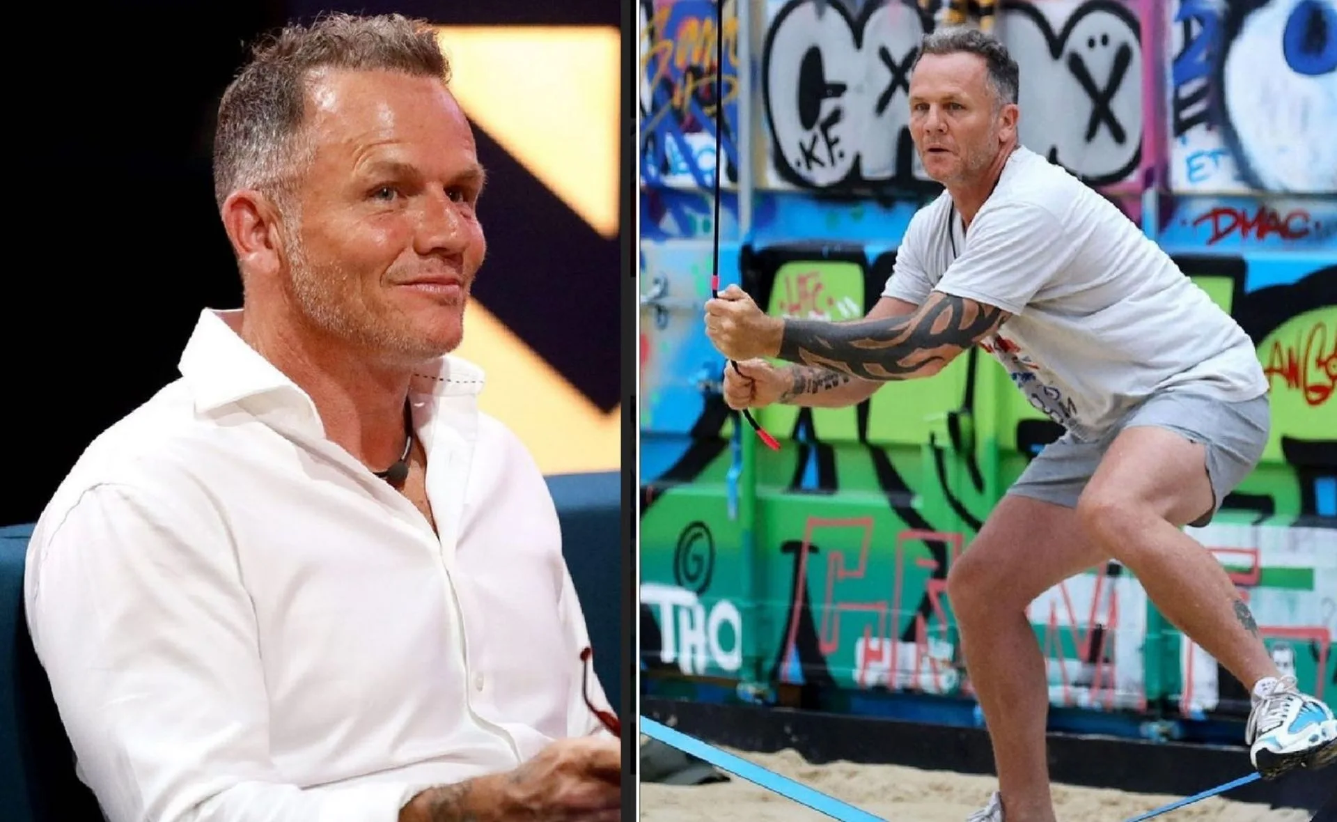 A man in a white shirt smiles on the left; on the right, he balances on a slackline in casual wear against graffiti.