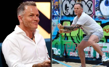 A man in a white shirt smiles on the left; on the right, he balances on a slackline in casual wear against graffiti.