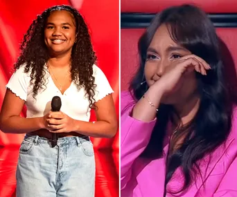 Young singer holds a microphone on stage; a woman in pink visibly emotional on the right.