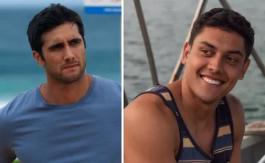 Two men from "Home and Away" are shown; one looks serious near the beach, the other is smiling, wearing a tank top.