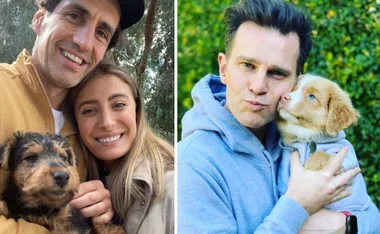 "Collage of two men with dogs, one with a woman and a small dog, the other cuddling a puppy. Outdoors."