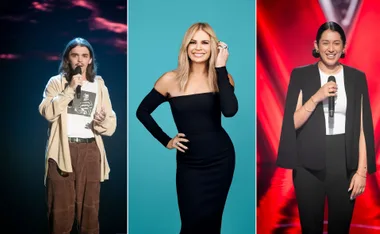 Sonia Kruger posing in elegant black dress, flanked by two contestants holding microphones on stage.
