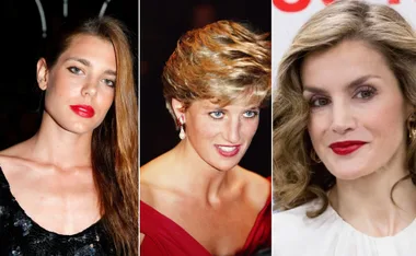 Three women wearing various shades of red lipstick, showcasing royal fashion trends.
