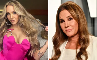 Two women side by side: one in a pink dress with long wavy hair, the other with long brown hair wearing a white outfit.
