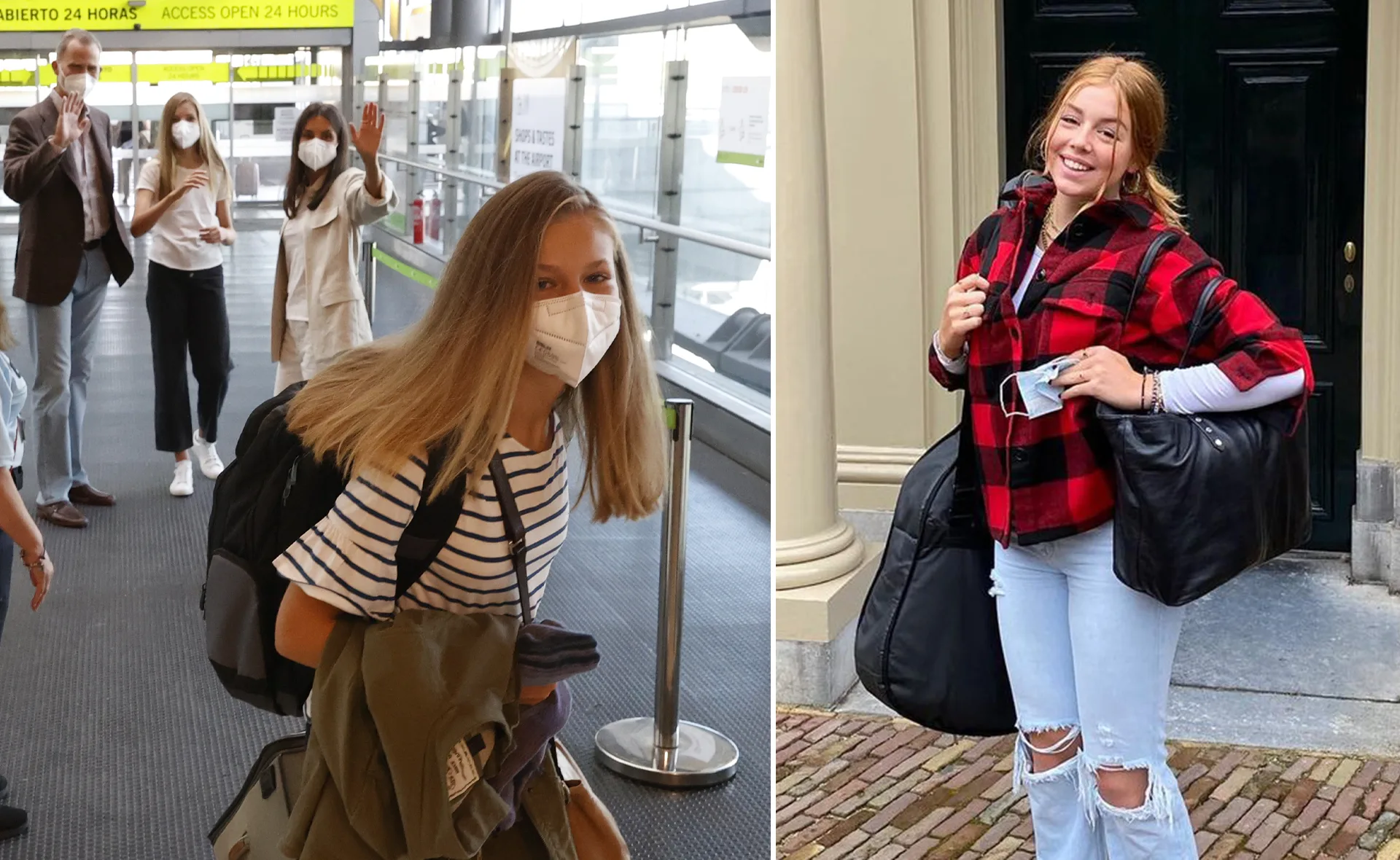 Princess Leonor and Princess Alexia head to school, both smiling and carrying bags, Leonor in stripes, Alexia in plaid.