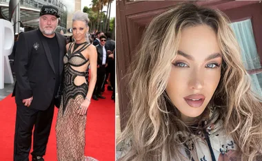 Image of a man in a suit and a woman in a sheer black dress on a red carpet; next to a woman with wavy blonde hair.