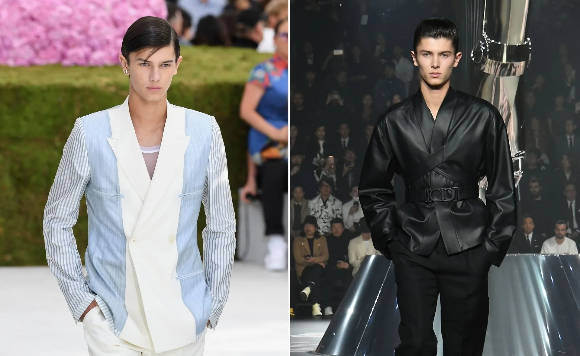 Model walking in a light blazer with striped sleeves; another in a dark, sleek outfit on a runway.