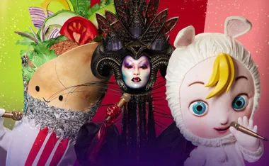 Three colorful masked characters from "The Masked Singer" 2021, wearing elaborate costumes and holding microphones.