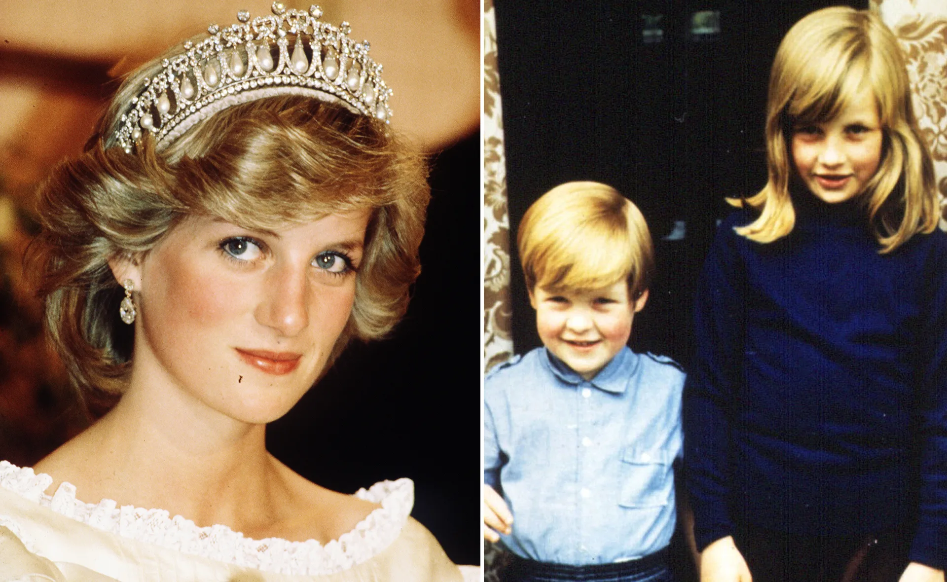 "Princess with tiara; young siblings stand together in second image, smiling indoors."