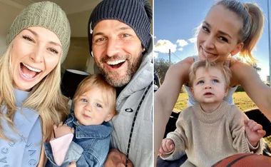 Happy family moments: a couple smiling indoors with a baby, and a woman outdoors holding a baby with a basketball.