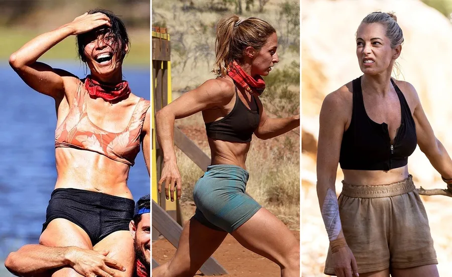 Contestants from Survivor 2021 Brains vs. Brawn display physical prowess in various outdoor challenges.