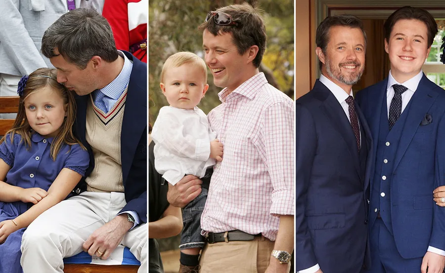 Prince with family at different ages: hugging daughter, holding baby, posing with grown son.