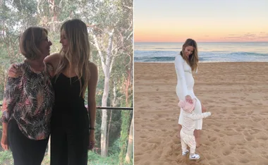 A woman and her mother smile on the left; on the right, the woman stands on a beach holding a toddler's hand.