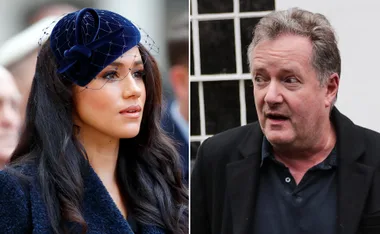 Woman in a blue hat next to a man in a black coat talking outdoors.