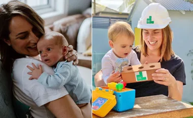 Mother holding baby indoors; outdoors, she and toddler play with toy bricks.