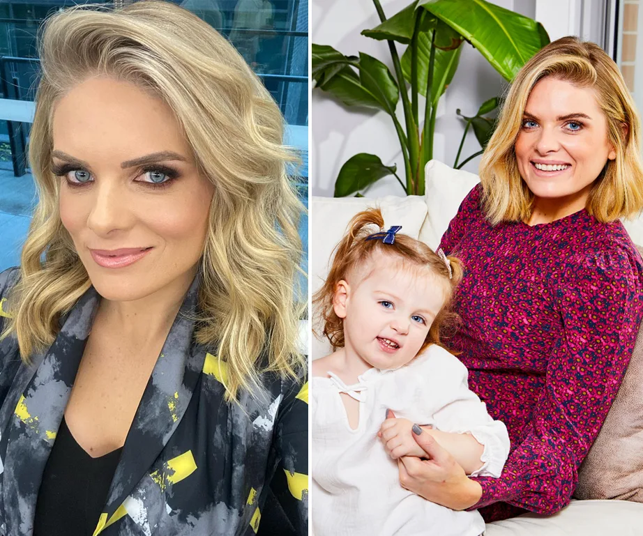 Blonde woman smiling, wearing a patterned jacket; same woman with a young child on a couch, surrounded by plants.