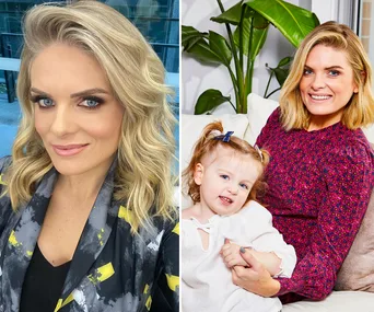 Blonde woman smiling, wearing a patterned jacket; same woman with a young child on a couch, surrounded by plants.