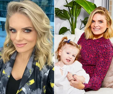 Blonde woman smiling, wearing a patterned jacket; same woman with a young child on a couch, surrounded by plants.